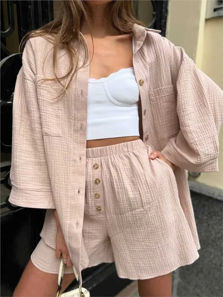 

Women New Fashion Button Lapel Shirt + Shorts Two-piece Sets Summer Casual Loose Solid Color Top Pocket Shorts Suit For Women