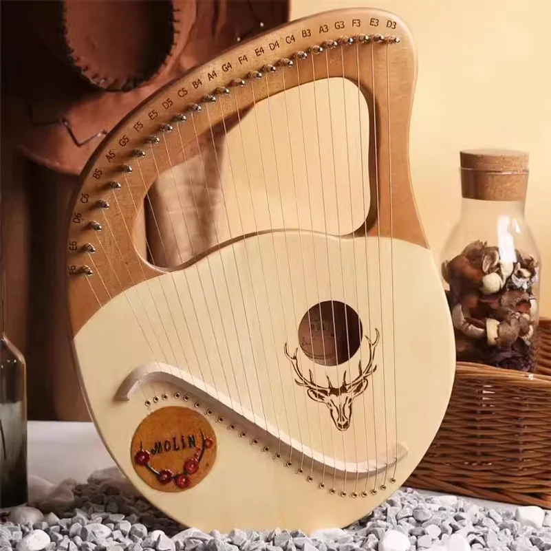 Lyre Harp 24 Metal Strings Box Typed Mini Harp Strings Musical Instruments with Tuning Wrench for Music Lovers Beginners