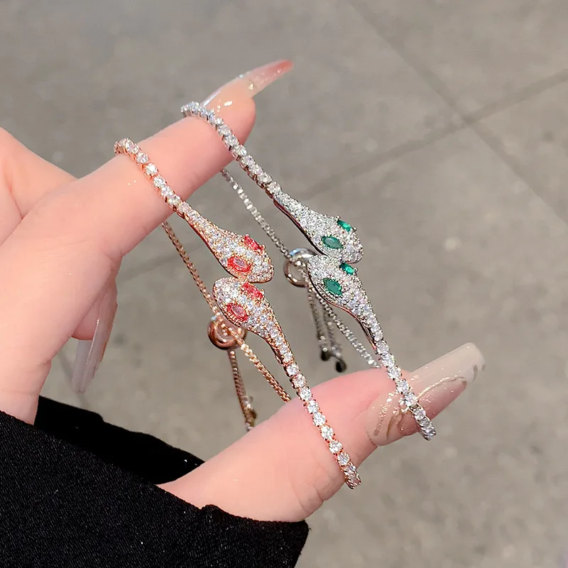 Cubic Zirconia Powder Eye Green Eye Snake Shaped Bracelet For Women Crystal Adjustable Bracelet For Jewelry Birthday Gifts ﻿