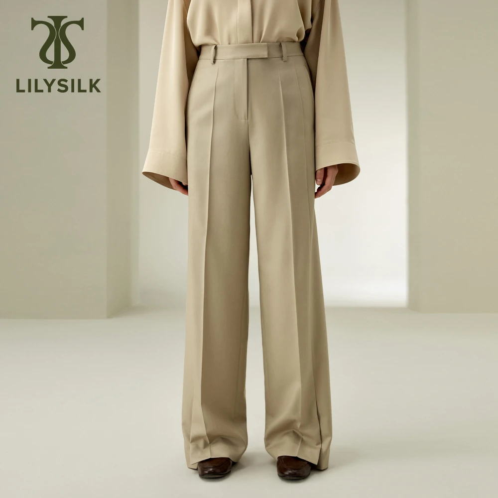 LILYSILK Womens Wool Silk Blend Straight Pants Ladies Full Length Trousers with Straight Leg and Stretchable Waistband