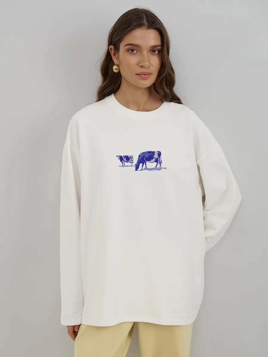 Women's Chic Graphic Print Long Sleeve T-Shirt 2026 Spring Autumn New Loose Fit 100% Cotton Soft Daily Commute Top