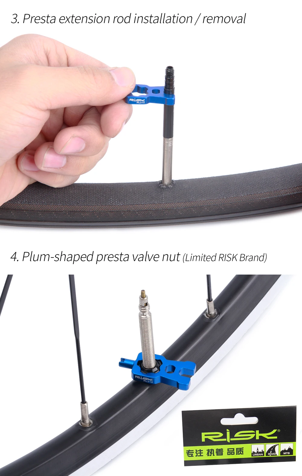 RISK 4-in-1 Fahrradventilkernschlüssel mit 2 Presta-Ventilkappen-Set, Rennrad-Ventil Installations- und Entfernungswerkzeug, Tragbares Reparaturwerkzeug – Detail 4