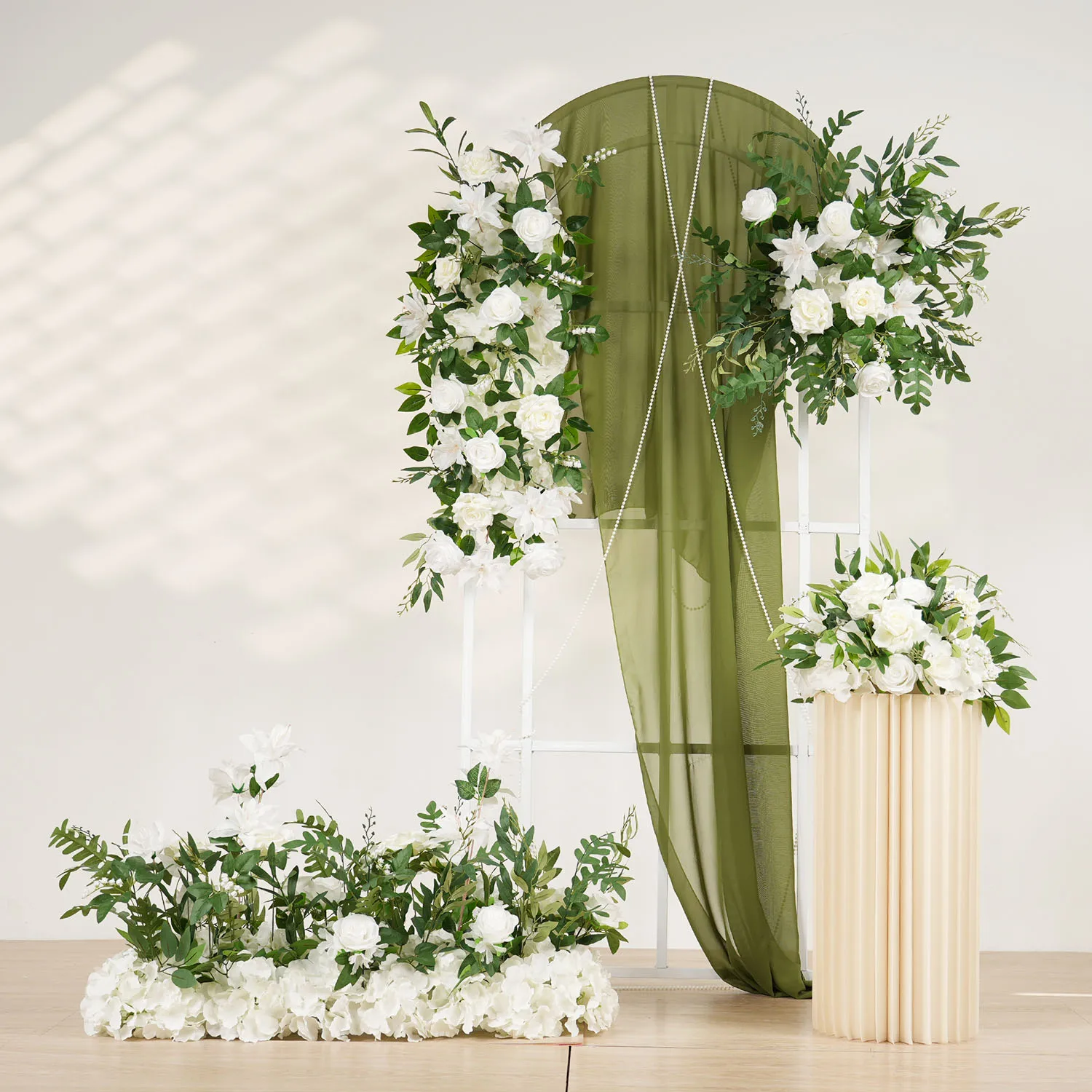 Uflower Green White Artificial Flower Wall Wedding Backdrop Floral Green Plant Wall Window Display Event Party Props Flower Row