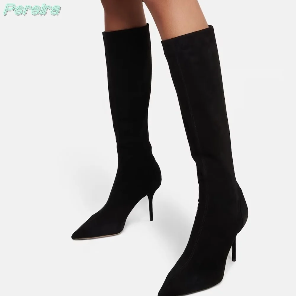 Pereira Black Suede Boots Pointed Toe Stiletto High Heels Thin Heels Knee-High Cover Heel Slip On Women Versatile Concise Boots