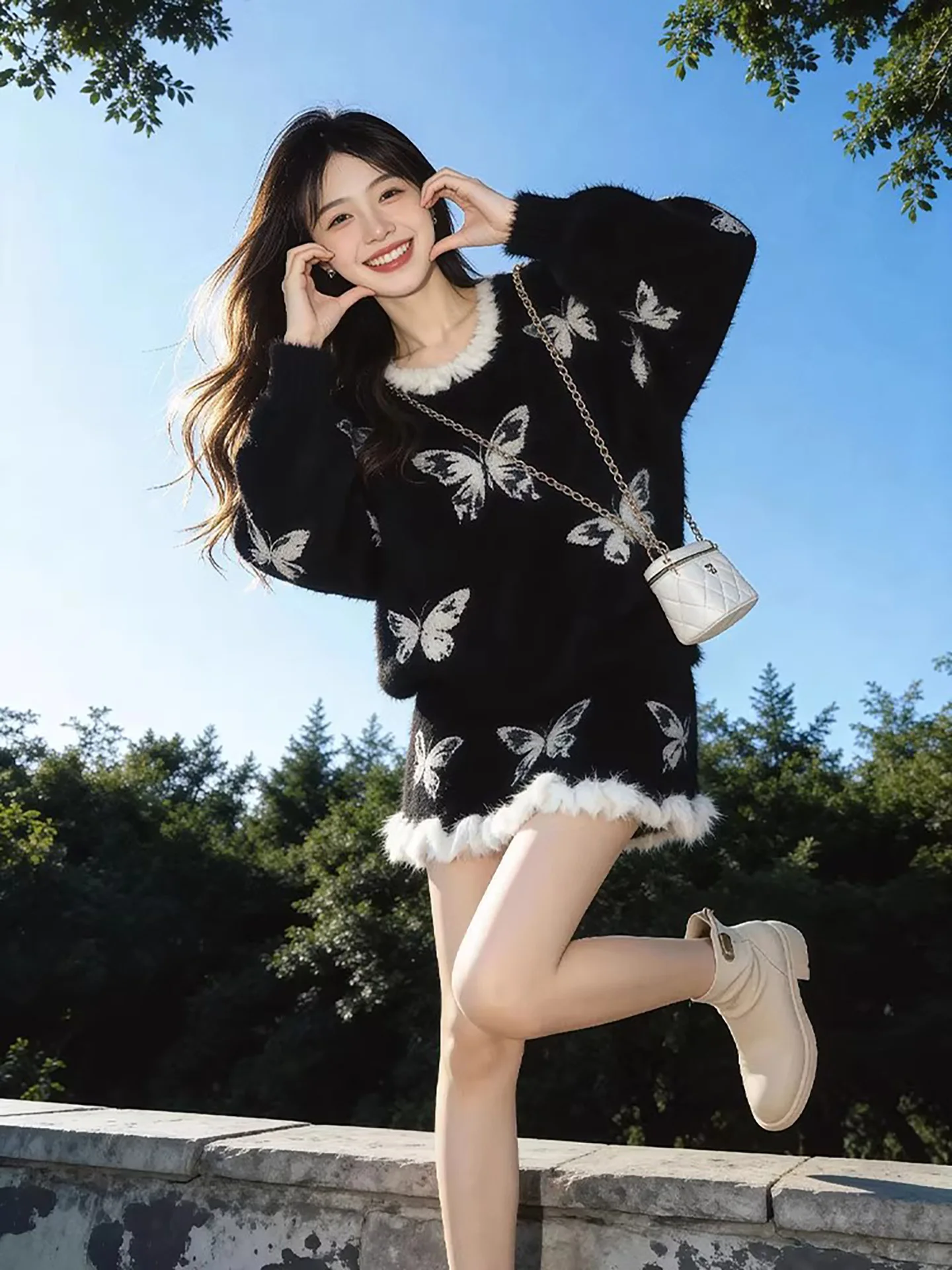 

Черный вязаный свободный свитер Aosphere, винтажная американская кружевная юбка, комплект из двух предметов, женская модная повседневная одежда