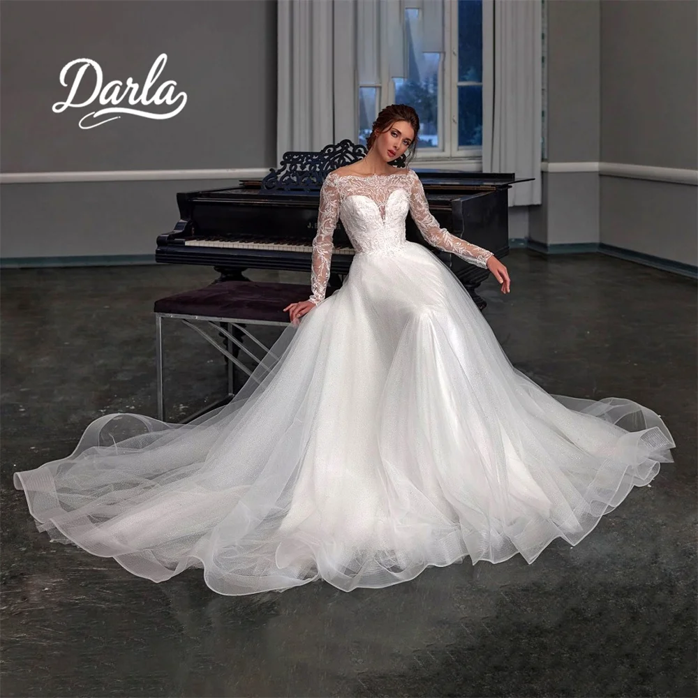 Darla Customized Boat Neck Lace Embroidery A-Line Tulle Wedding Dress Long Sleeve Appliques Sweep Train Floor Length Elegant