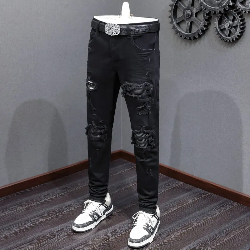 

Designer High Street Fashion Jeans Stretch Slimming Washed Black Jeans Red Patched Hip Hop Brand Pants Hombre