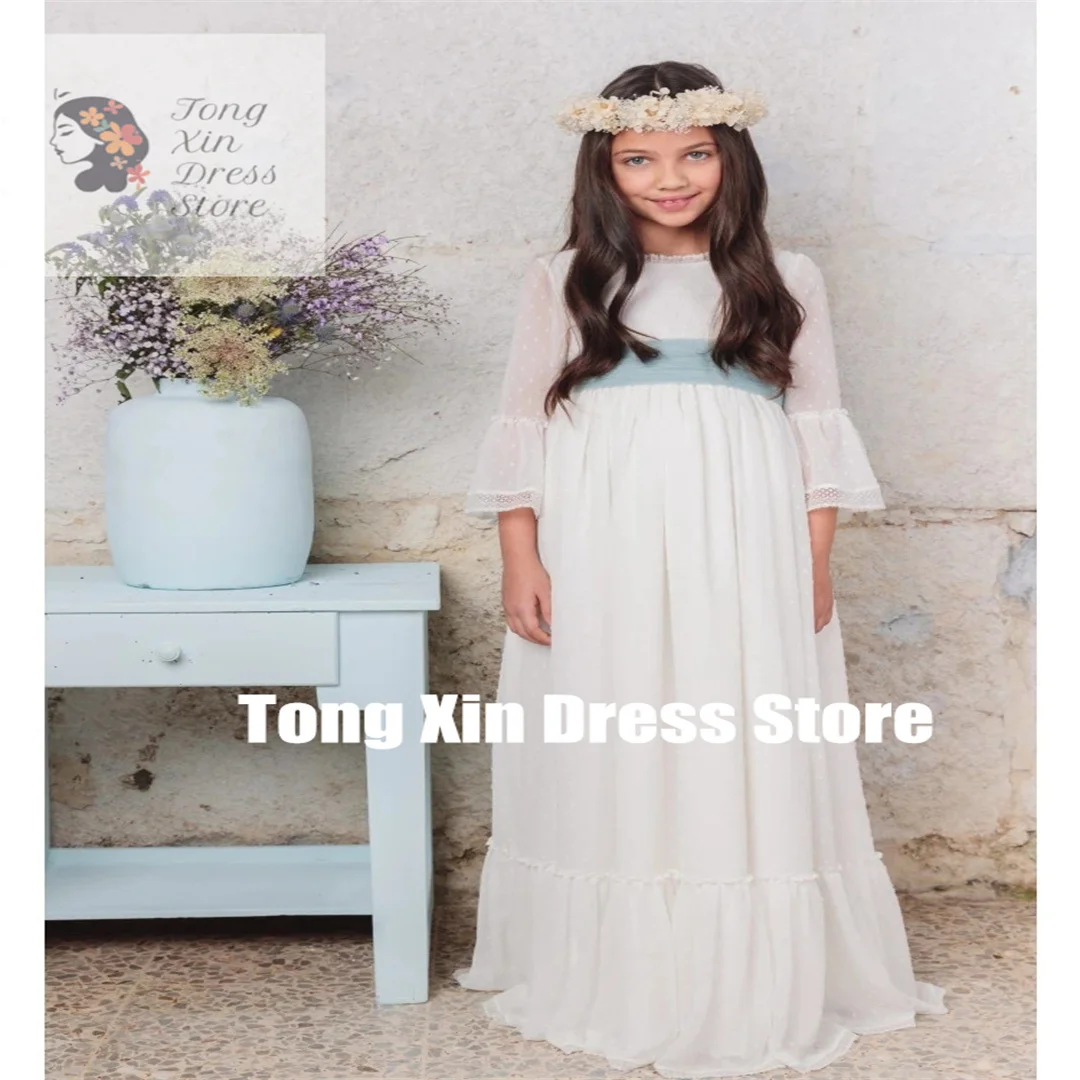 Customized Flower Girl Dresses White Tulle Wave Point Skirt With Blue Ribbon 3/4 Sleeve For Wedding Birthday Party Banquet Gowns