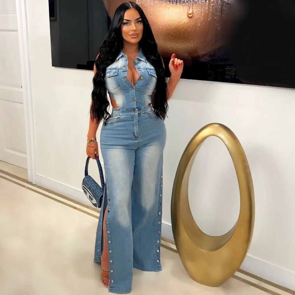 FAGADOER Fashion Hollow Straight Denim Jumpsuit Women Turndown Collar Side Slit Button Jeans Rompers Female Cowboy Playsuit 2024