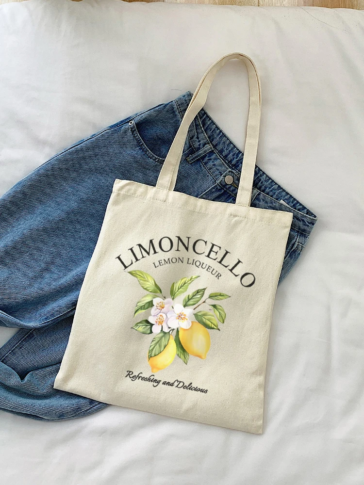 1pc Cartoon Lemon Women Shopping Bags Double Print Decor Plant Casual Canvas Shoulder Handbag for Child Gift Shopper Bag