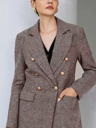 

Business style lapel long-sleeved plaid double-breasted suit jacket elegant suit jacket] Polyester elegant women's double-breast