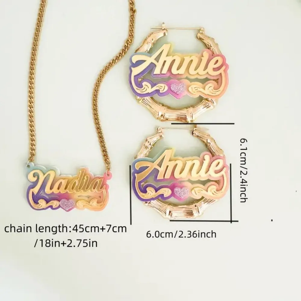 2pcs Customized Acrylic Earrings/necklace Set With Rainbow Gradient Personalized DIY Circular Bamboo Knot Creative Name Necklace
