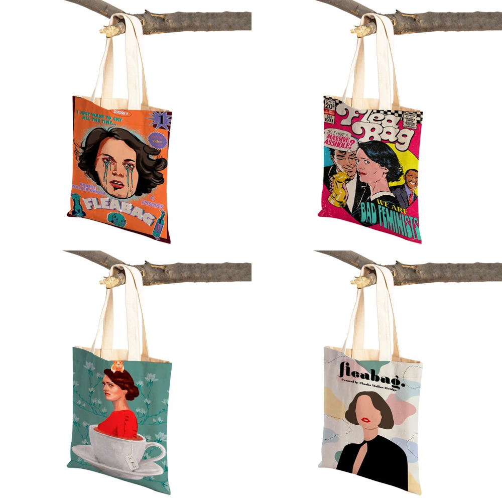 Tv Show Fleabag Lady Shopping Bags Cartoon Art Reusable Foldable Eco Canvas Women Shopper Bag Travel Tote Handbag