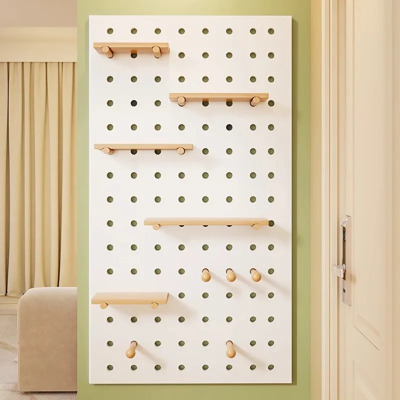

Wooden Pegboard Wall Organizer Storage Shelf Backdrop Desk Display Mounting Panel Entryway Rack Kitchen Doorway Wall Peg Board