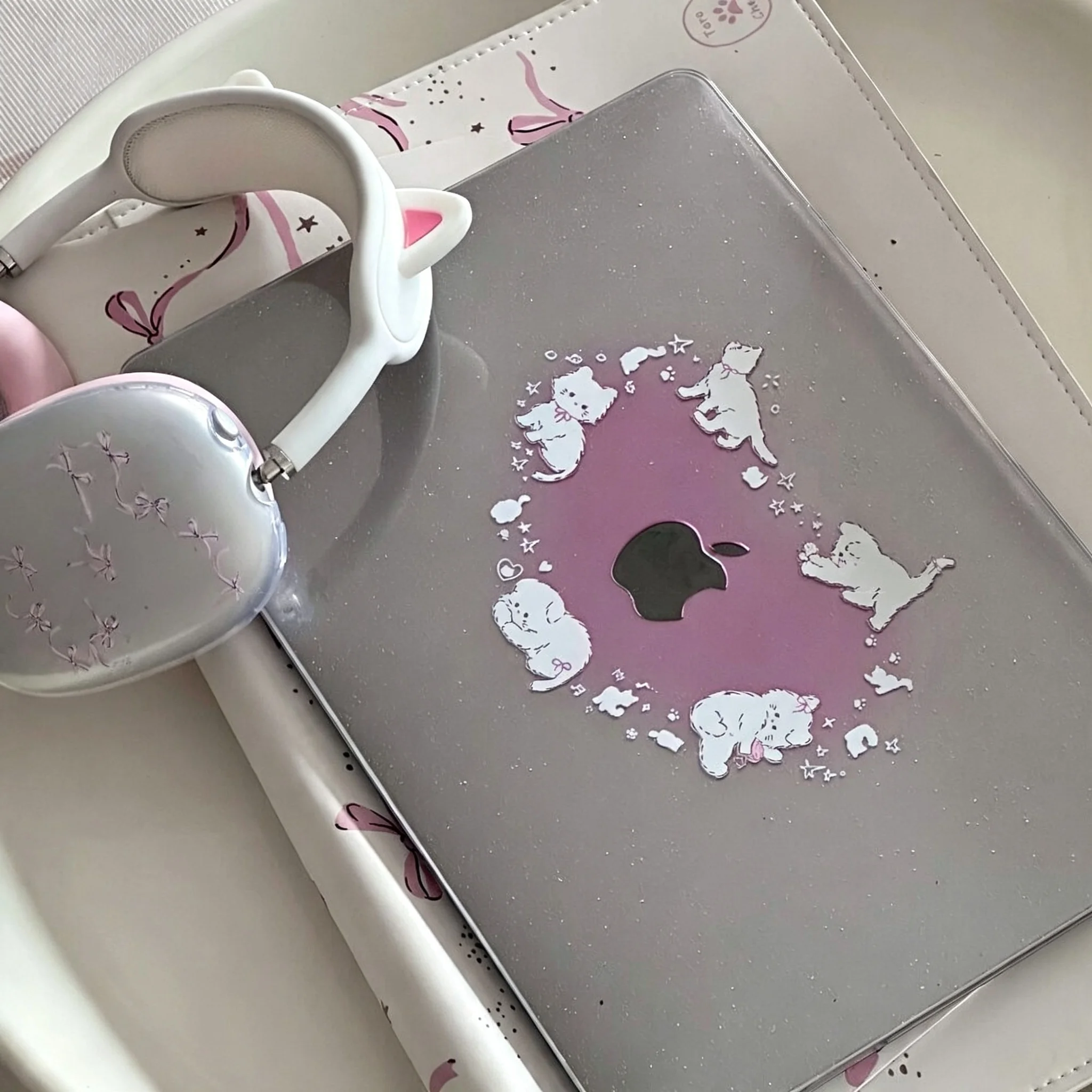 Korean Ins Pink Heart Kitten Shining Laptop Case For Macbook Air 13.6 M4 NEO 15 M3 Hard Cover For MacBook Pro 13 M1M2 14 M4M5 16