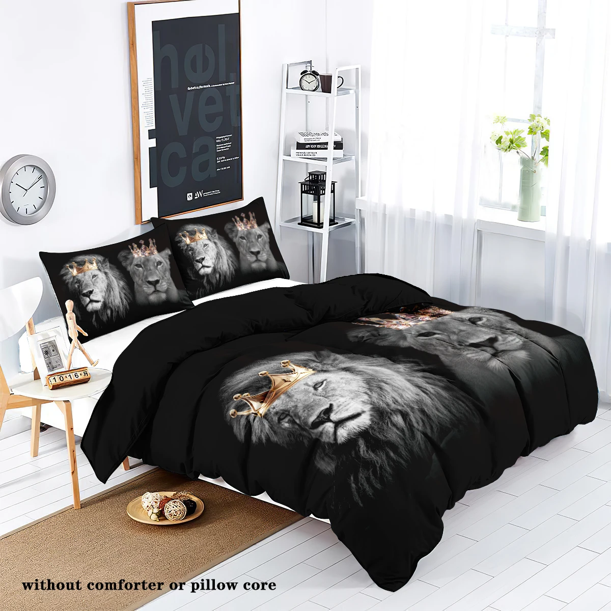 3-piece down set with couple crown lion print pattern (1 down duvet cover+2 pillowcases, coreless) bedding set