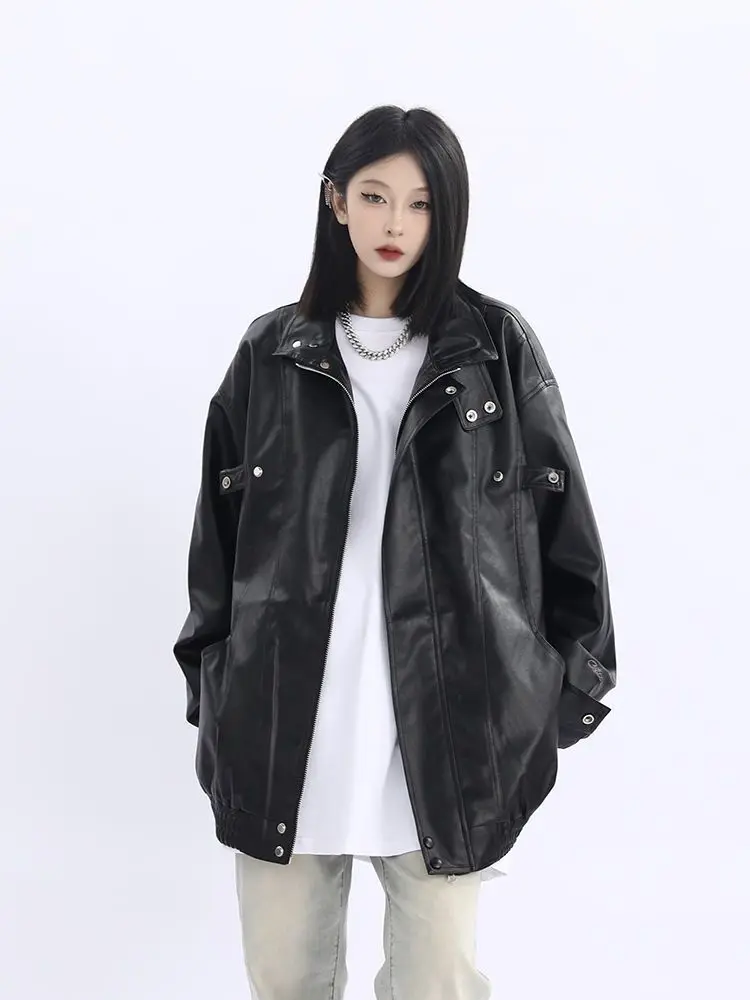 

Куртки из искусственной кожи, женские однотонные весенне-осенние новые корейские популярные ветрозащитные свободные крутые куртки для девочек High Street