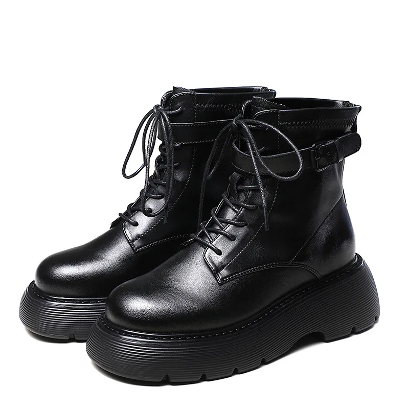 

Женские ботильоны 5,5 см из натуральной кожи, новинка зимы 2025, ботильоны на платформе, женские флисовые модные ботинки с круглым носком в стиле ретро