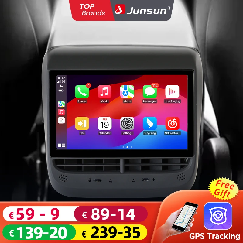 راديو السيارة التلقائي Junsun Android CarPlay لـ Tesla Model 3 2017-2023 Model Y 2019-2024 عرض الترفيه الخلفي والتحكم في المناخ