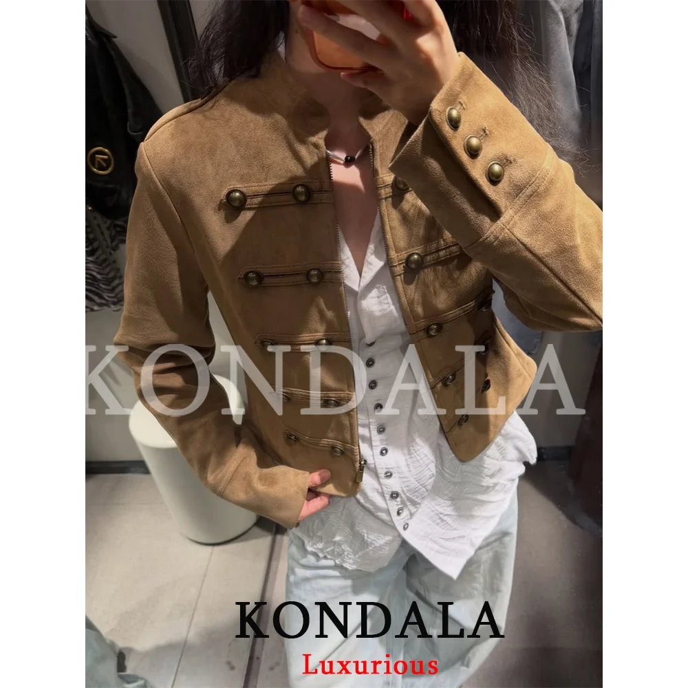 KONDALA Streetwear Vintage Chic Wildleder Khaki Damenjacke mit Knotenknöpfen, Reißverschluss, Langarm, Mode 2026 Herbst-Winter-Jacke – Detail 3