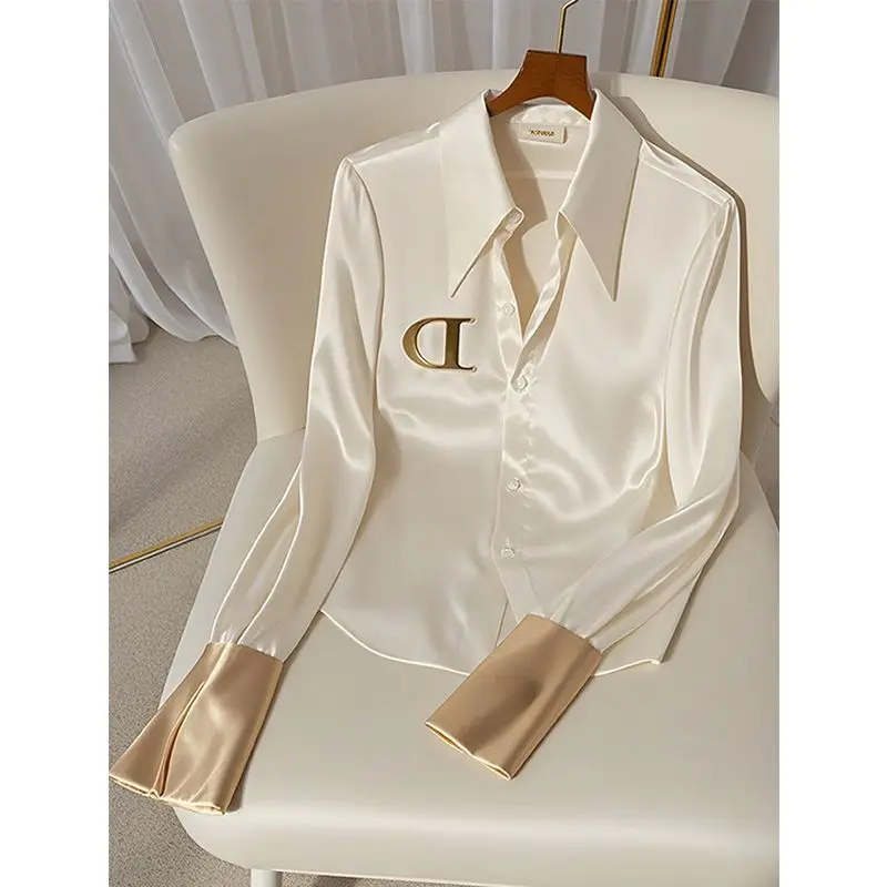 

French Entry Luxy White Acetate Satin Shirt Women's Spring and Autumn Unique Chic Western Style High-End Blouse Women's Shirt