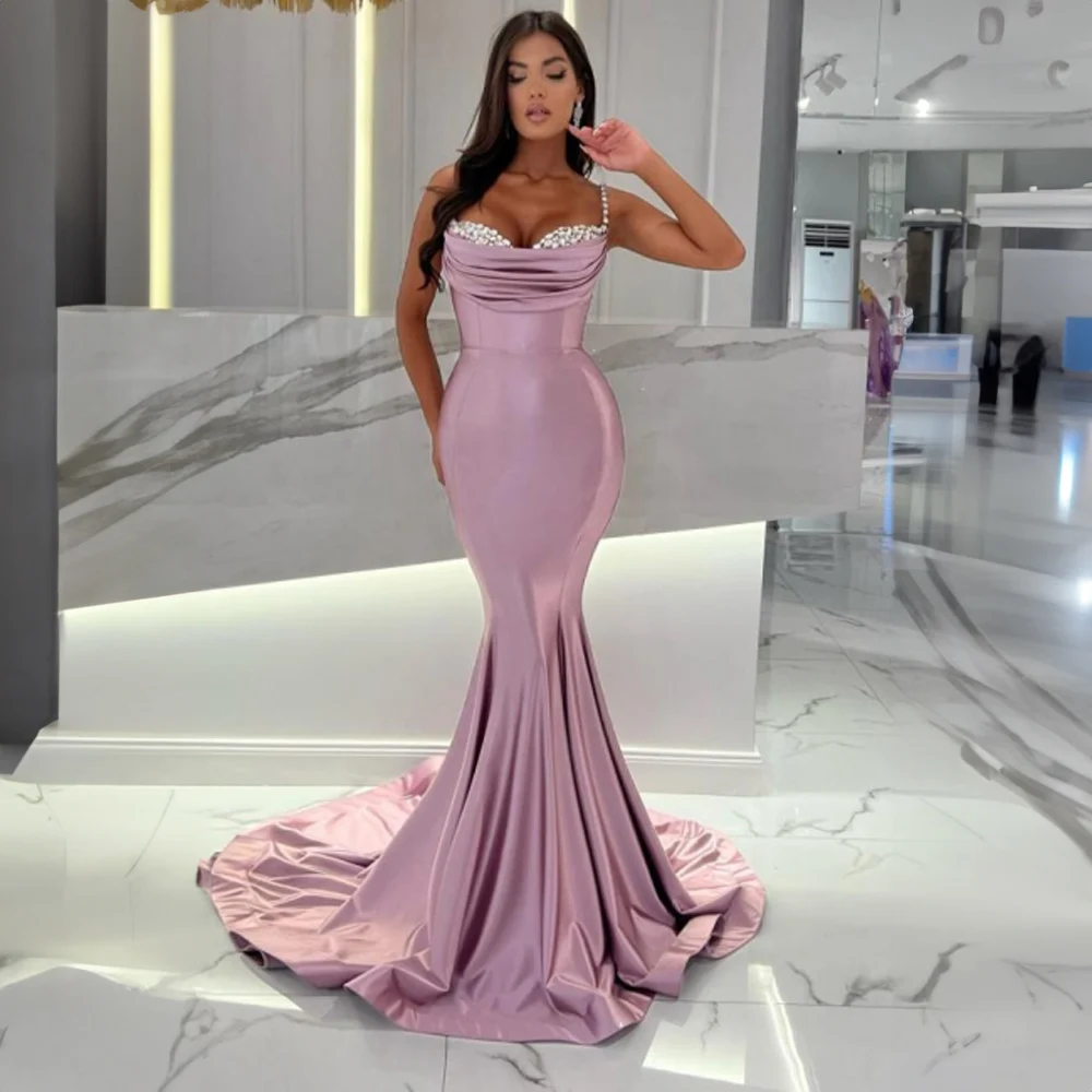 

Spaghetti Straps Beaded Crystals Sweetheart Evening Dresses for Bridal Sexy Mermaid Court Formal Prom Party Gown فساتين السهرة