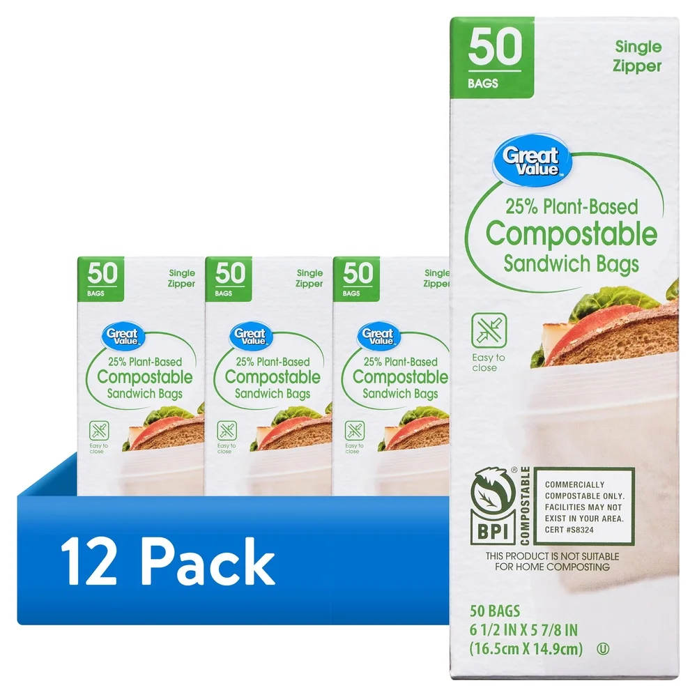 25% Plant-Based Compostable Sandwich Bags 50 Count BPI Certified Eco-Friendly Food Storage Bags Clear Slide Zipper Closure