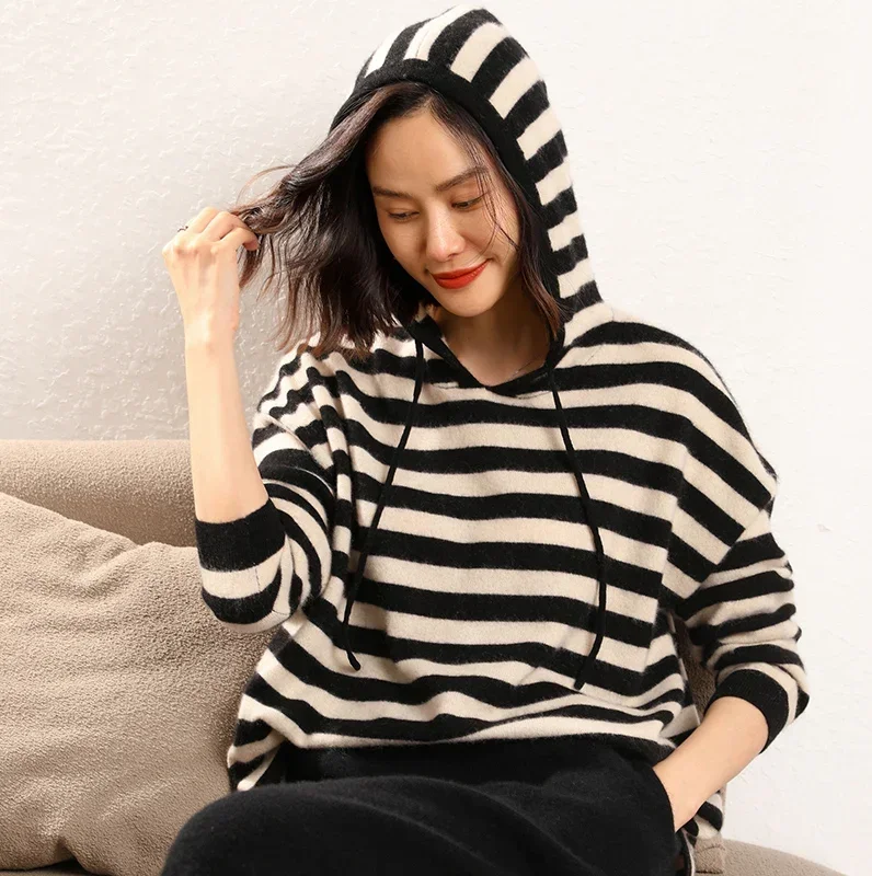 

2023 Autumn Winter New 100% Pure Cashmere Sweater Women Hooded Pullovers Warm Tops Female Striped Loose Large Size Knit Jumper