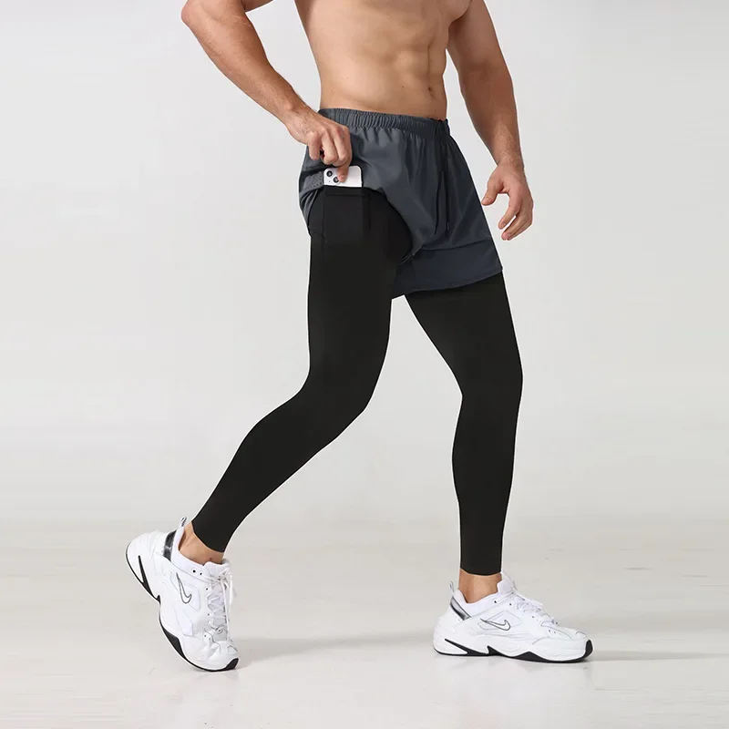 Couple Workout Sweatpants 2 in 1 Double Desk Gym Pants Tight Training Basketball Legging Fitness Running Trousers with Pockets