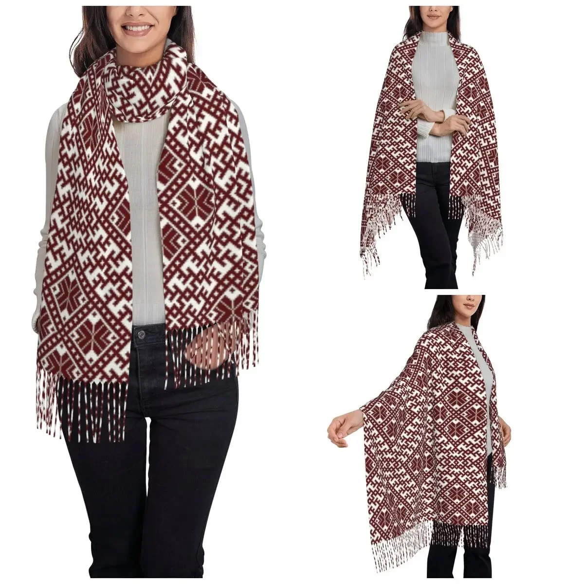 Women's Scarf with Tassel Traditional Nordic Folk Design Long Winter Fall Shawl and Wrap Latvian Pattern Pashmina Scarves