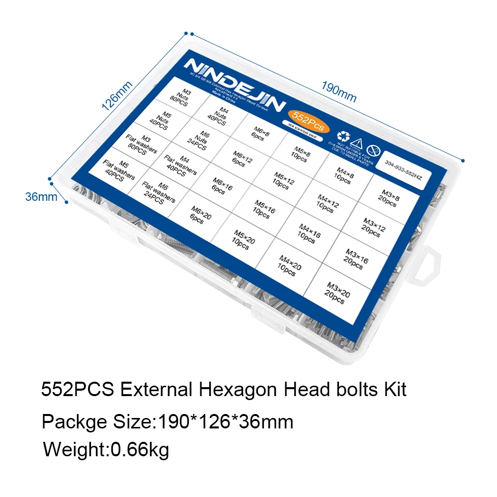 552 stks/set Externe Zeskantbout Set met Moeren Rvs m3 m4 m5 m6 Bouten en Moeren Set Zeskantschroef Kit voor Fiets