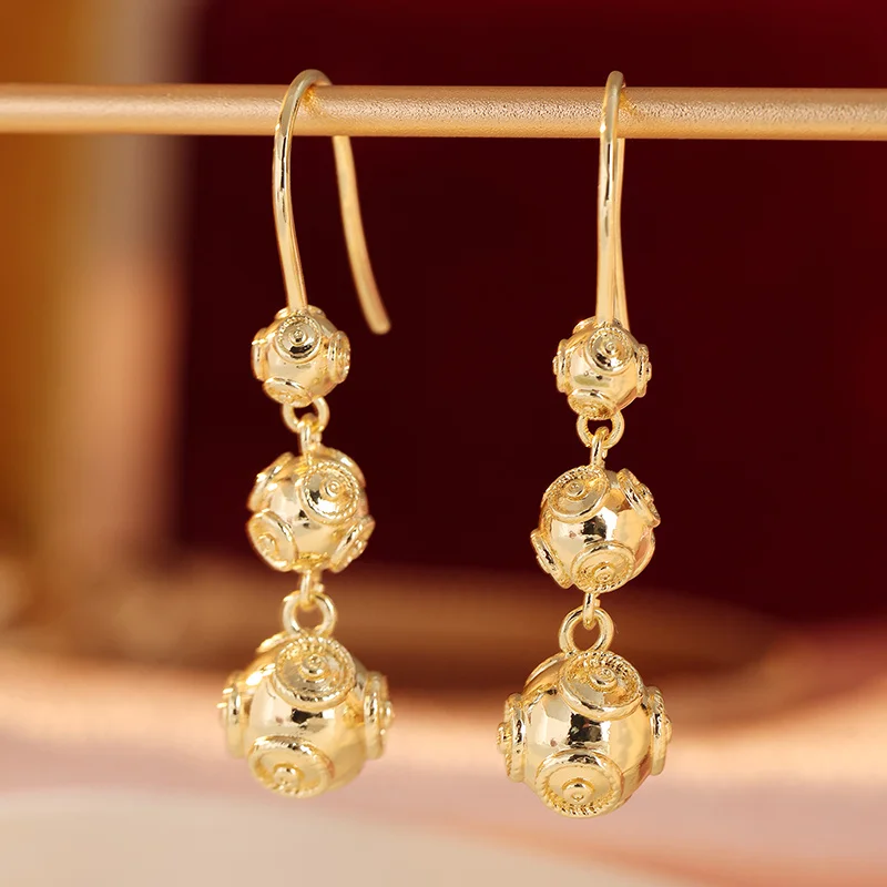 Ladies' Three Layer Relief Spherical Long Earrings Layered Hanging Design Golden Plated Earrings Vintage Gentle Style Jewelry