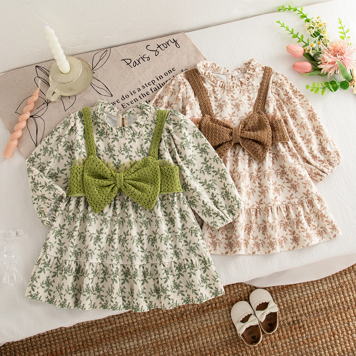 Baby Girl Dress Spring/Autumn Cotton Bow Print Long Sleeve Baby Dresses Sweet And Cute Puffy Girls' Clothing