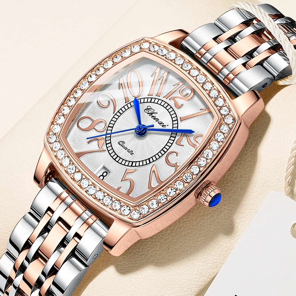 Montre en or rose pour femme, montre-bracelet à quartz, acier inoxydable, étanche, diamant, calendrier, marque supérieure, mode de luxe