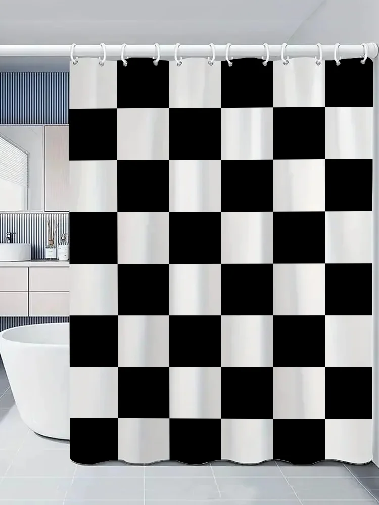 Washable Waterproof Fabric Shower Curtain for Bathroom Black and White Grid Curtains Accessories Bath Set the Anti-mold Opaque