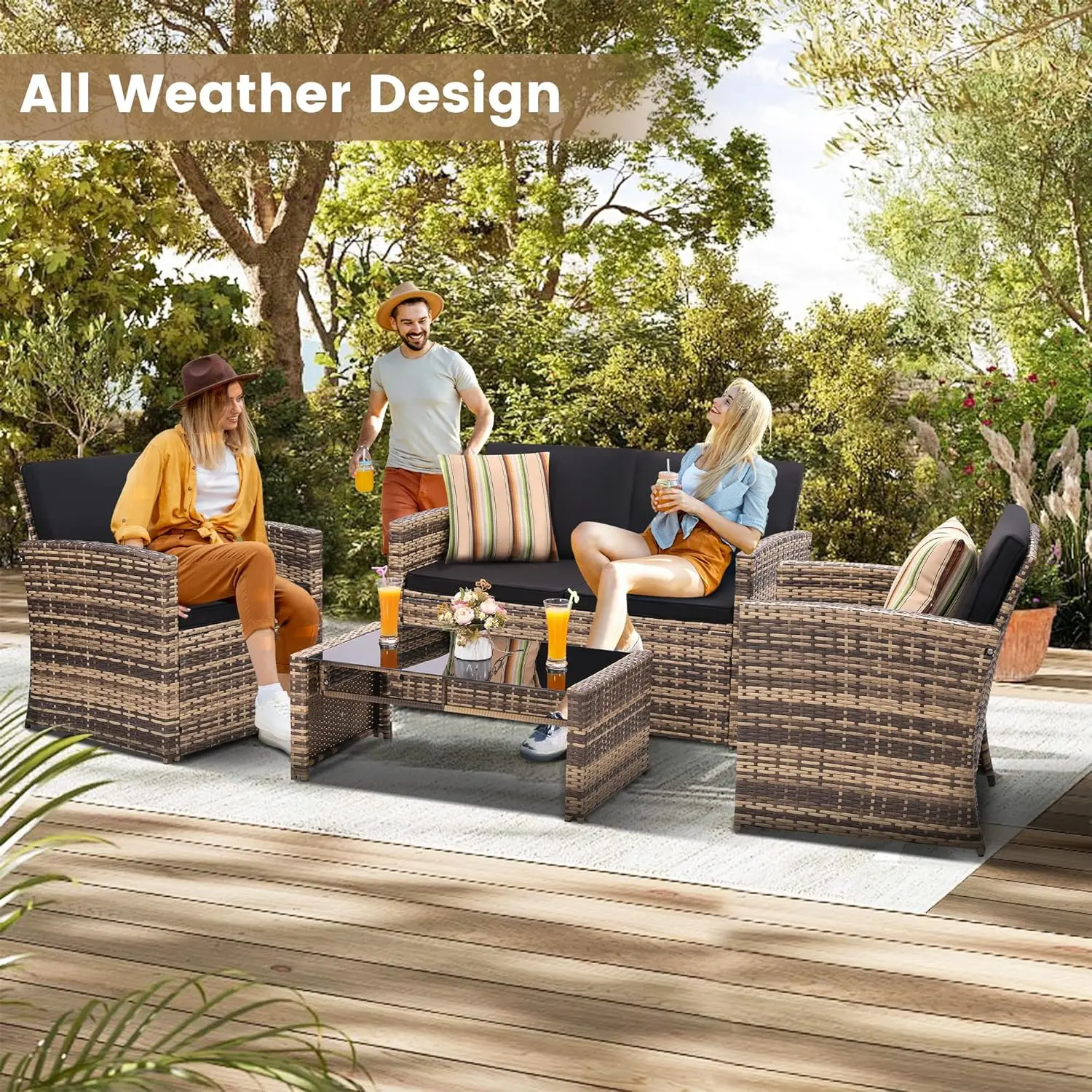 4 Pieces Patio Conversation Set Outside Rattan Sectional Sofa Cushioned Furniture Set Wicker Sofa Ideal for Garden Porch