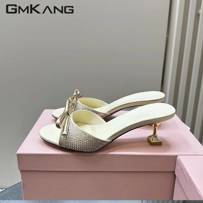 Luxury Quality High Heel Model Sandals Women Satin Crystal Bowknot Slides Lady Summer Dress Women's Slippers Zapatillas Mujer