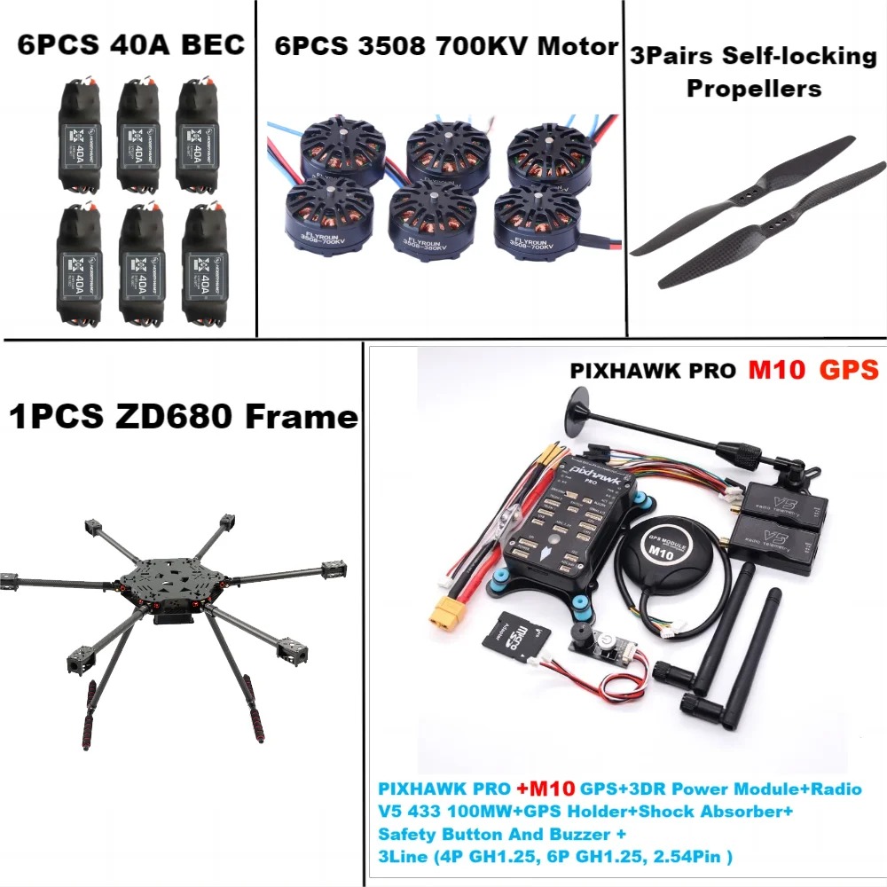 PIXHAWK-ZD680 PRO M10 Cadre Hexa-Rotor Pliable en Fibre de Carbone avec Train d'Atterrissage Non Flottant