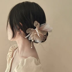 Gradient Color Fabric Flowers Hair Clip Hair Sticks For Women Chinese Style Imitation Pearl Fringe Hairpins Hair Accessories K