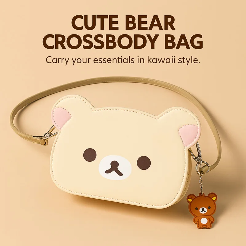 

Korean Cute Bear IPhone Flip Case With Strap – Leather Wallet Cover For IPhone 16 15 14 13, Cartoon Style Gift For Girls