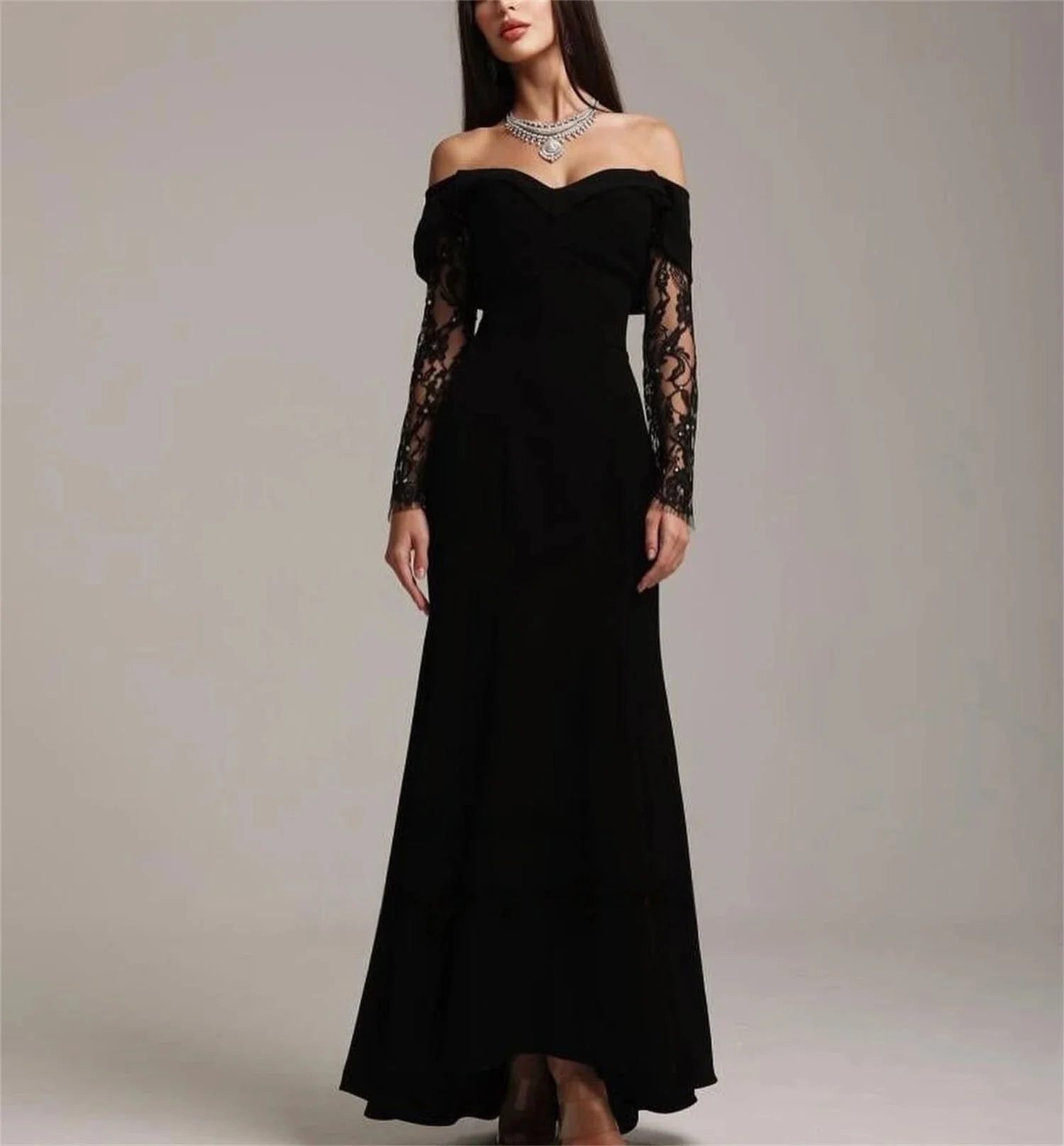 

Black Long Sleeves Bespoke Occasion Gown Evening Dresses Pastrol Unisex Jersey Retro Dubai Saudi Arabic Israel Prom Customized