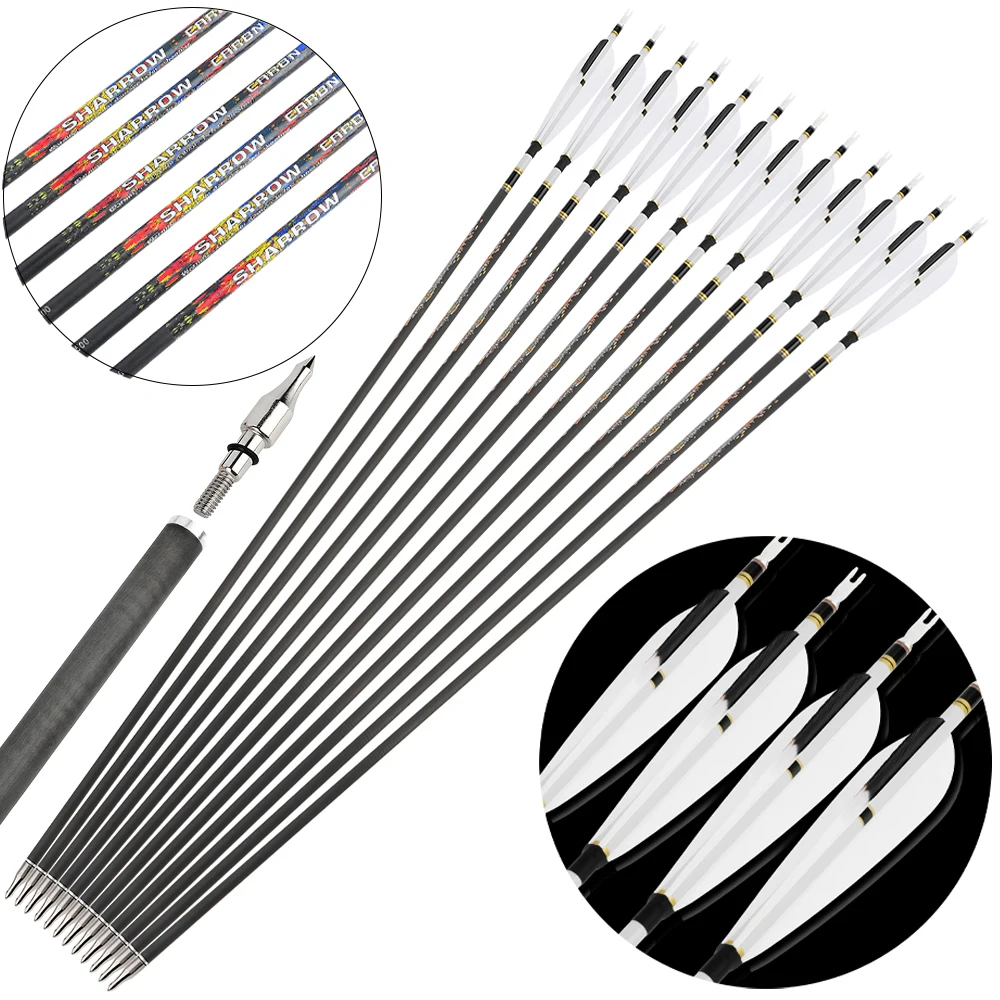 

6/12pcs Archery Pure Carbon Arrows 5 Inch Natural Vane 31" SP 250 300 350 400 500 600 Recurve Bow Hunting Shooting Target Arrow