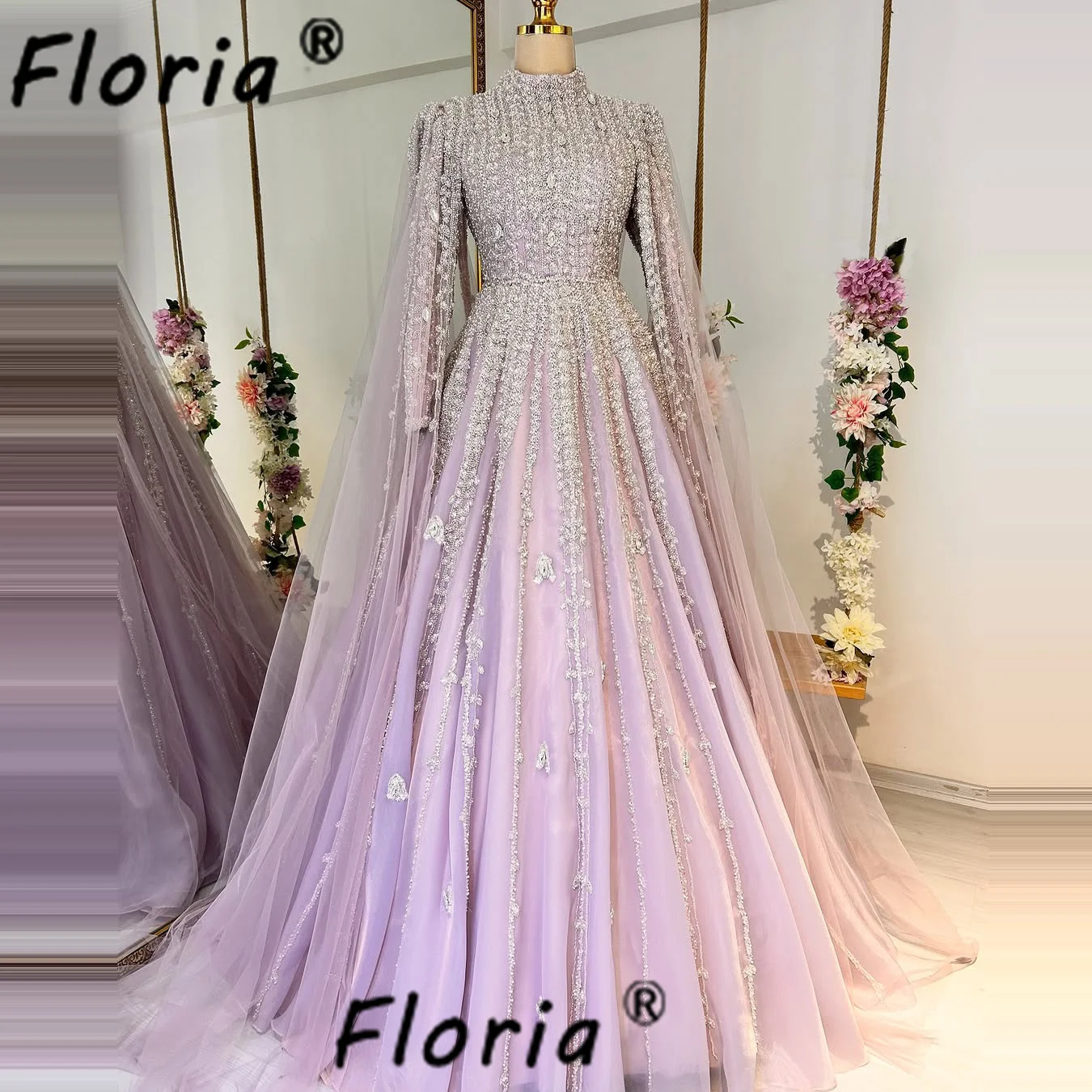 Muslim Dubai Woman Lilac Evening Dresses Heavy Beads Leaves Appliques 3D Long Sleeves A Line Formal Party Gown Wedding Dresses