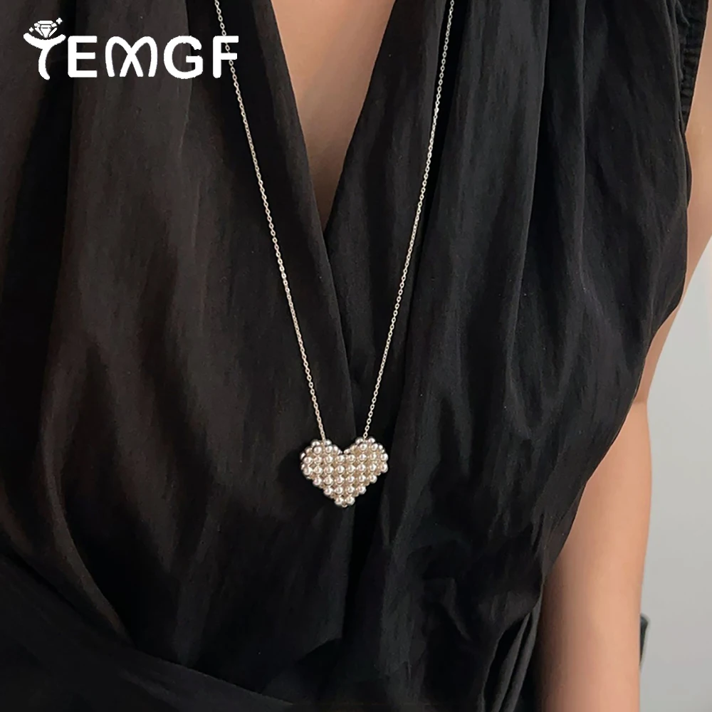 

TEMGF 925 Silver Braided Heart Shape Pendant Necklace for Women 70-75cm Sweater Chain Romantic Winter Stacked Fine Jewelry Gifts