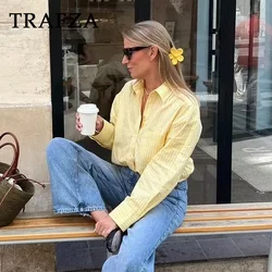 TRAFZA 2024 Spring Summer Casual Women Shirts Fashion Vintage Striped Thin Turn-down Collar Single Breasted Yellow Casual Shirts