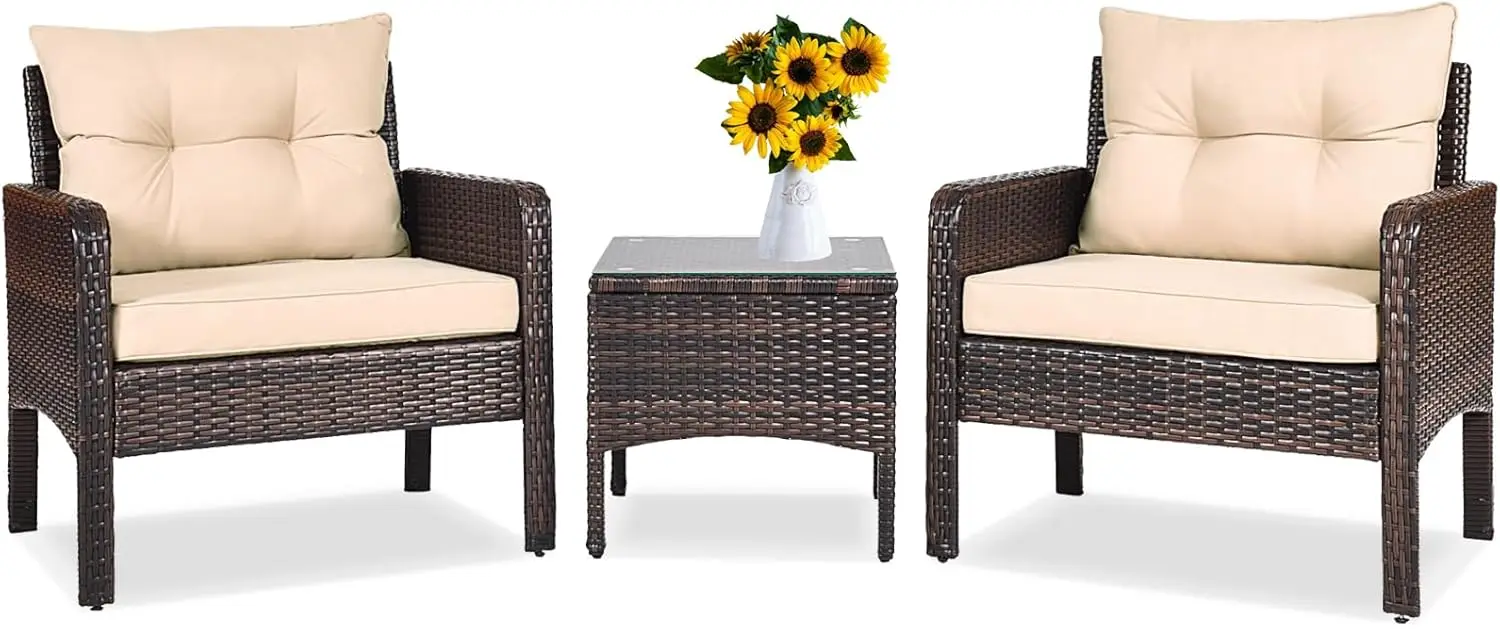 

3-Piece Outdoor Rattan Wicker Patio Set with Cushions, Glass Top Coffee Table, Brown