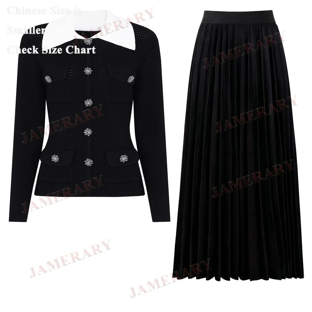 

Элегантный брендовый роскошный формальный осенний комплект из двух предметов, женский однобортный кардиган с бисером, свитер, плиссированная длинная юбка, костюмы из 2 предметов