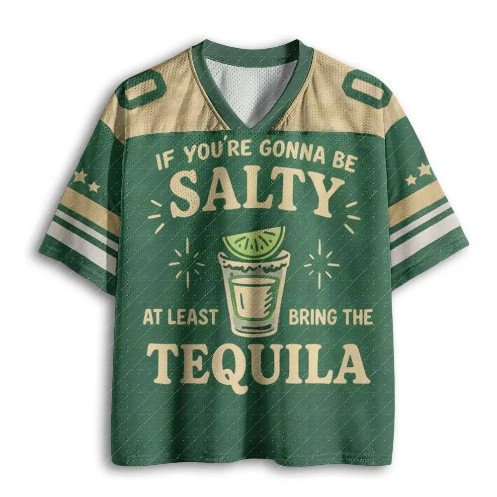 2026 T-shirt de football en maille à col en V, à manches courtes, avec impression de slogan 'Funny Tequila' et 'Lime Shot Glass', rayé vert, beige et blanc