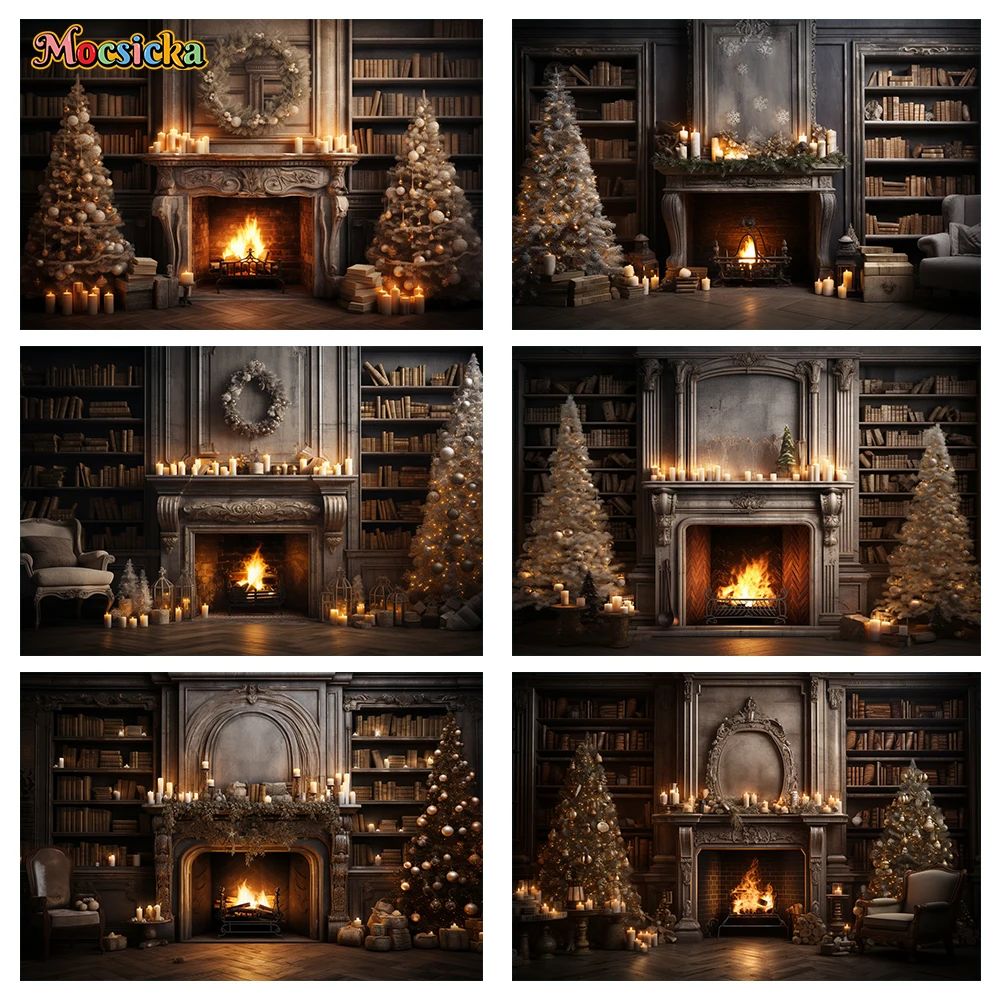 

Mocsicka Winter Christmas Photography Background Warm Fireplace Xmas Tree Holiday Party Family Portrait Photo Backdrops Studio