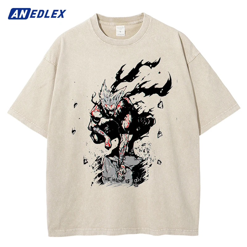 Harajuku Streetwear Men Apricot Washed T-Shirt Japanese Anime Print T Shirt Summer Cotton Casual Short Sleeve Tops Tees